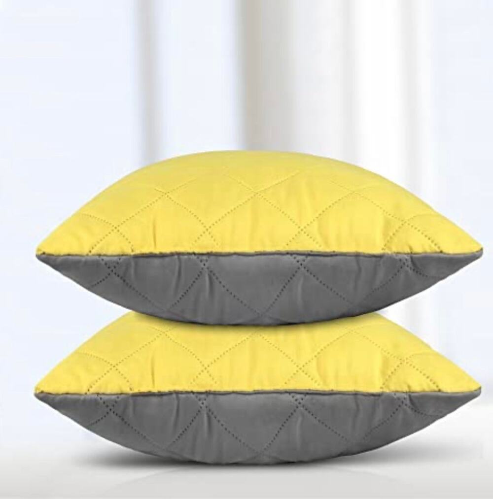 Set of 2 Cushions Filled Pillows, Light Yellow Gray 20 x 20 Inch